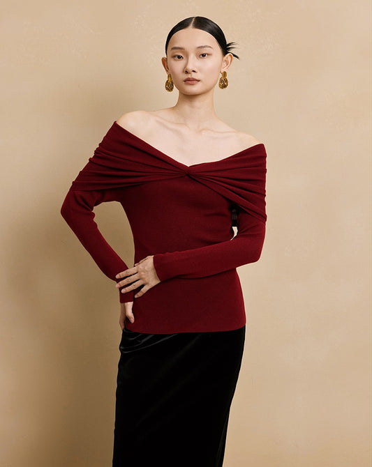 HECO  long-sleeved black red knitwear off-the-shoulder spring - DREAM.