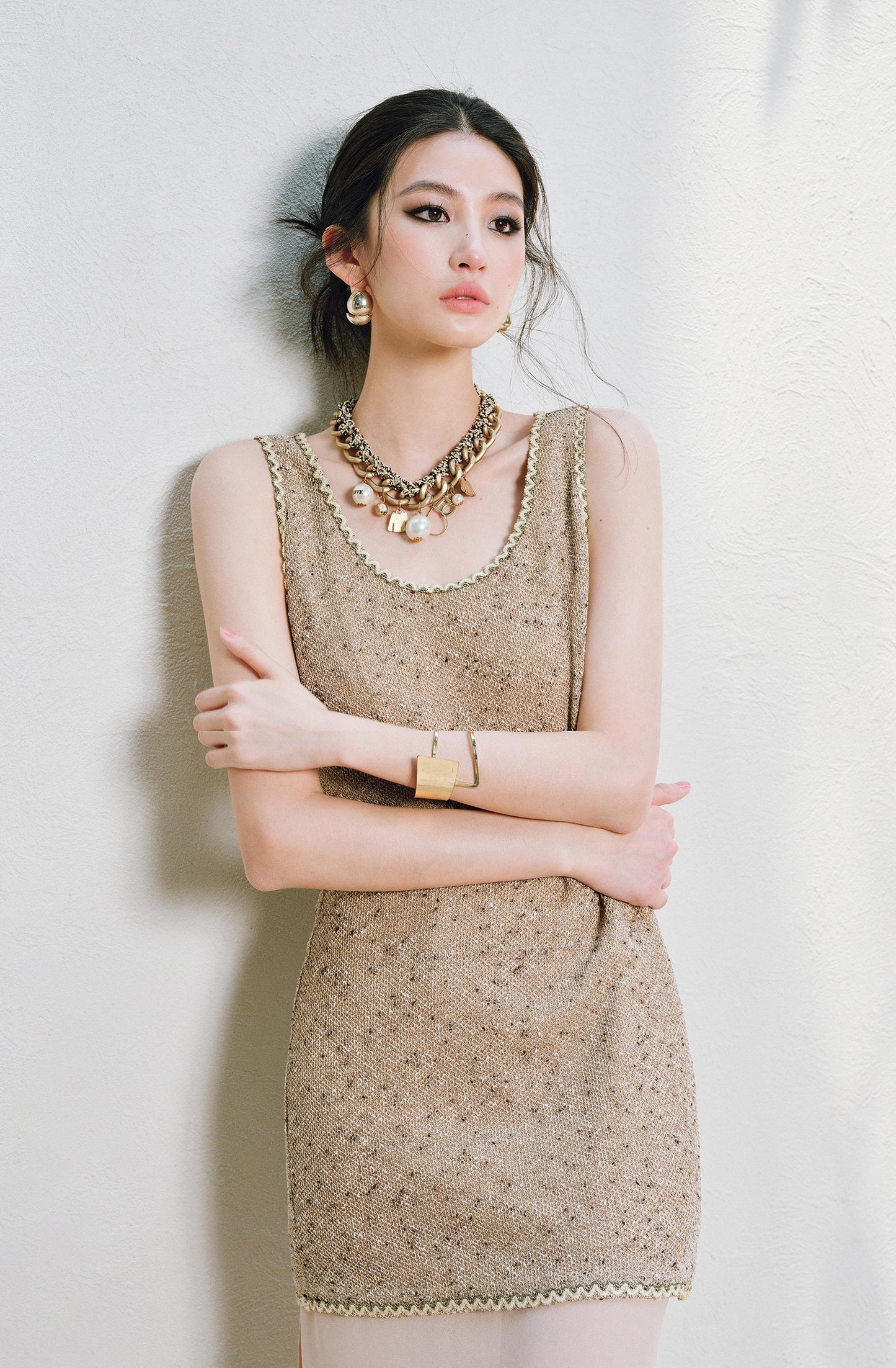 WANGXO | Satin-Stitched Georgette & Stretch Sequin Knit  Suspender Skirt & Vest Skirt Set -LUMA