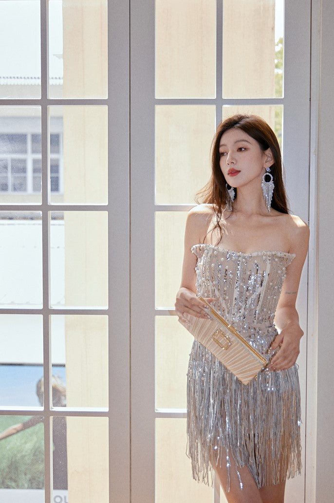 DOLLY Elegant Chest Wrap Glittering Tassel Tube Top Beaded Short Sexy Dress-LENORA  (V)