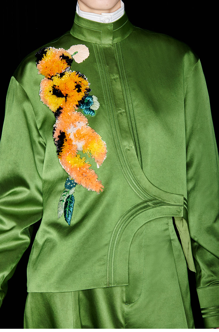 M essential Mackay designer green raffia embroidered jacket pant set - jan.