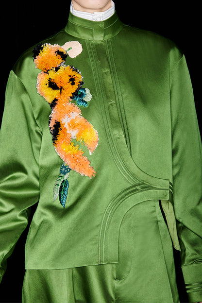 M essential Mackay designer green raffia embroidered jacket pant set - jan.