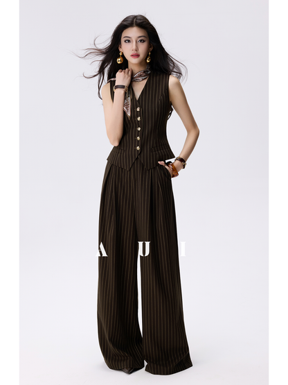 AUI Mocha Mousse Sleeveless V-Neck Striped Vest Suit Pants - Seo-ah