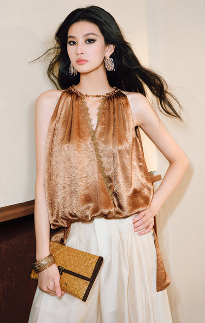 WANGXO|Lace-Trimmed Metal Chain Halterneck V-Neck Pleated Top with Delicate Texture -AYRA