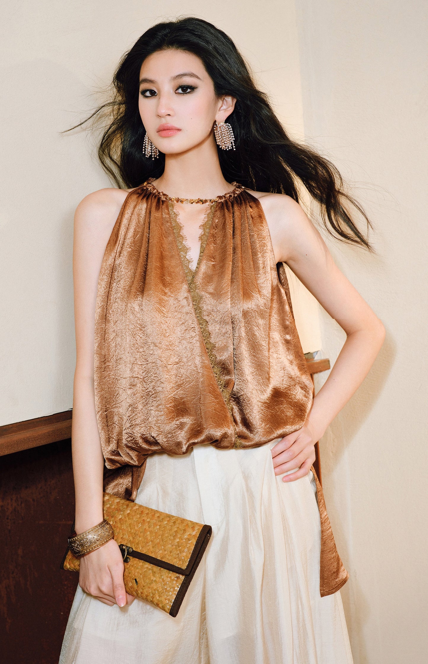 WANGXO| Acetate  Lace-Trimmed Metal Chain Halterneck V-Neck Pleated Top -AYRA.