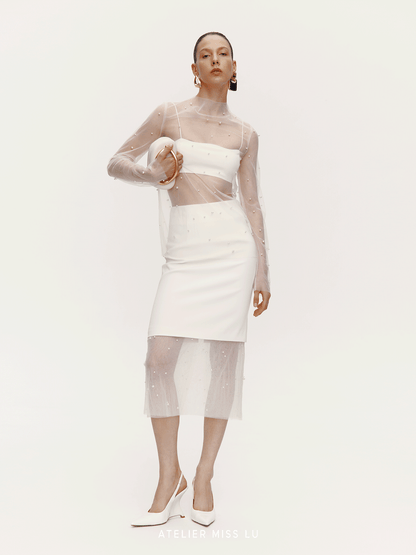 ATELIER MISS LU pearl embellishment see-through heavy yarn top - EMMA.