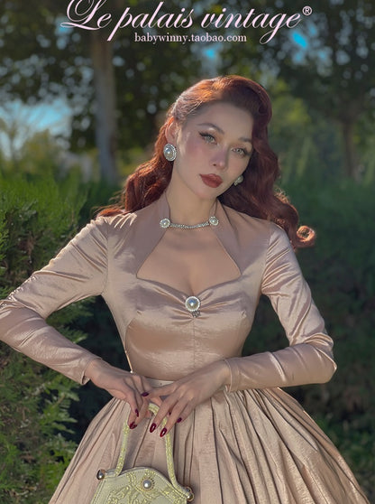 le palais vintage autumn and winter  flash diamond pearlescent long-sleeved slim tutu skirt-NINU