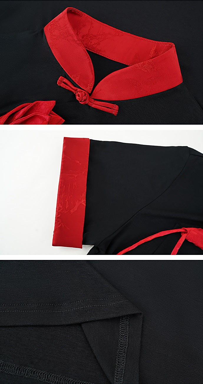 HECO Polyester Handmade Flower Mandarin Neckline Short Sleeve  Black T-Shirt - EVE.