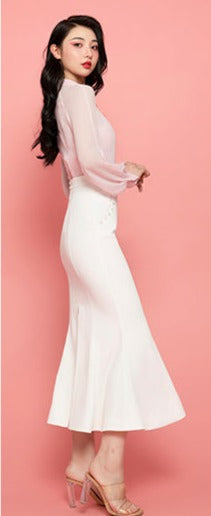 Magic Q white V-neck rose embellished slim vest studded high-rise skinny skirt set