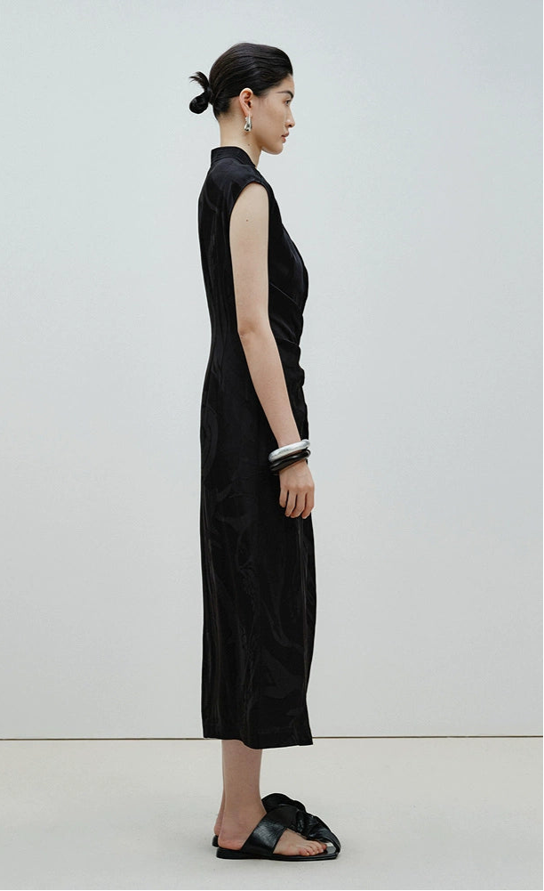 ZHUCHONGYUN sleeveless jacquard wrap-style front ruched waist slit hem Dress-DEWIE.