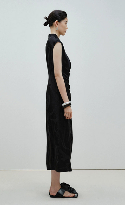 ZHUCHONGYUN sleeveless jacquard wrap-style front ruched waist slit hem Dress-DEWIE.