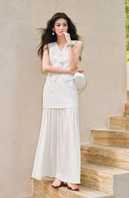 WANGXO |Light Georgette V-Neck Vest & Flowing  Skirt Suit Set-RINA