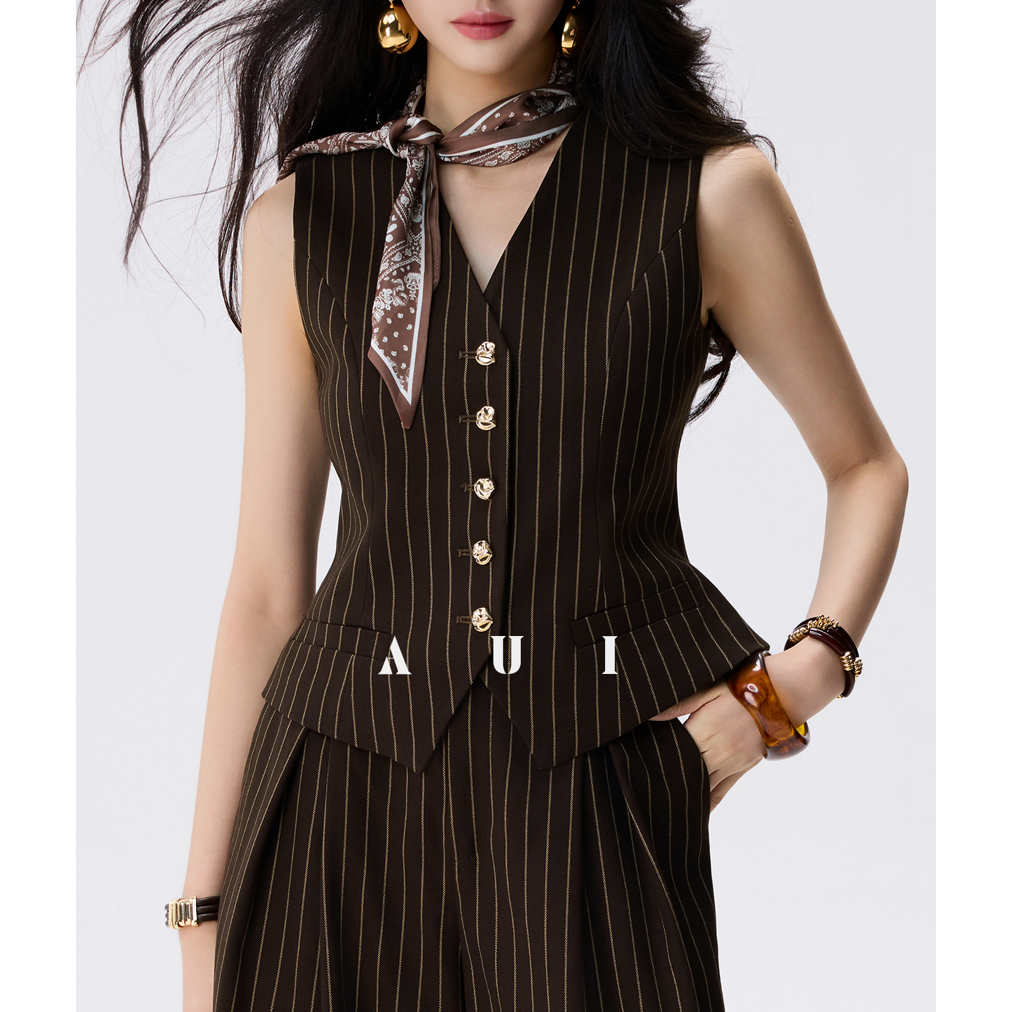 AUI Mocha Mousse Sleeveless V-Neck Striped Vest Suit Pants - Seo-ah