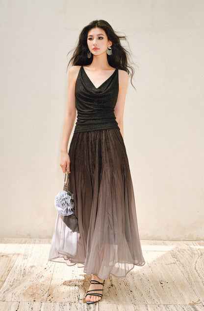 WANGXO |High-Waisted Umbrella Hem Romantic Skirt with Luxe Shimmer-LINA