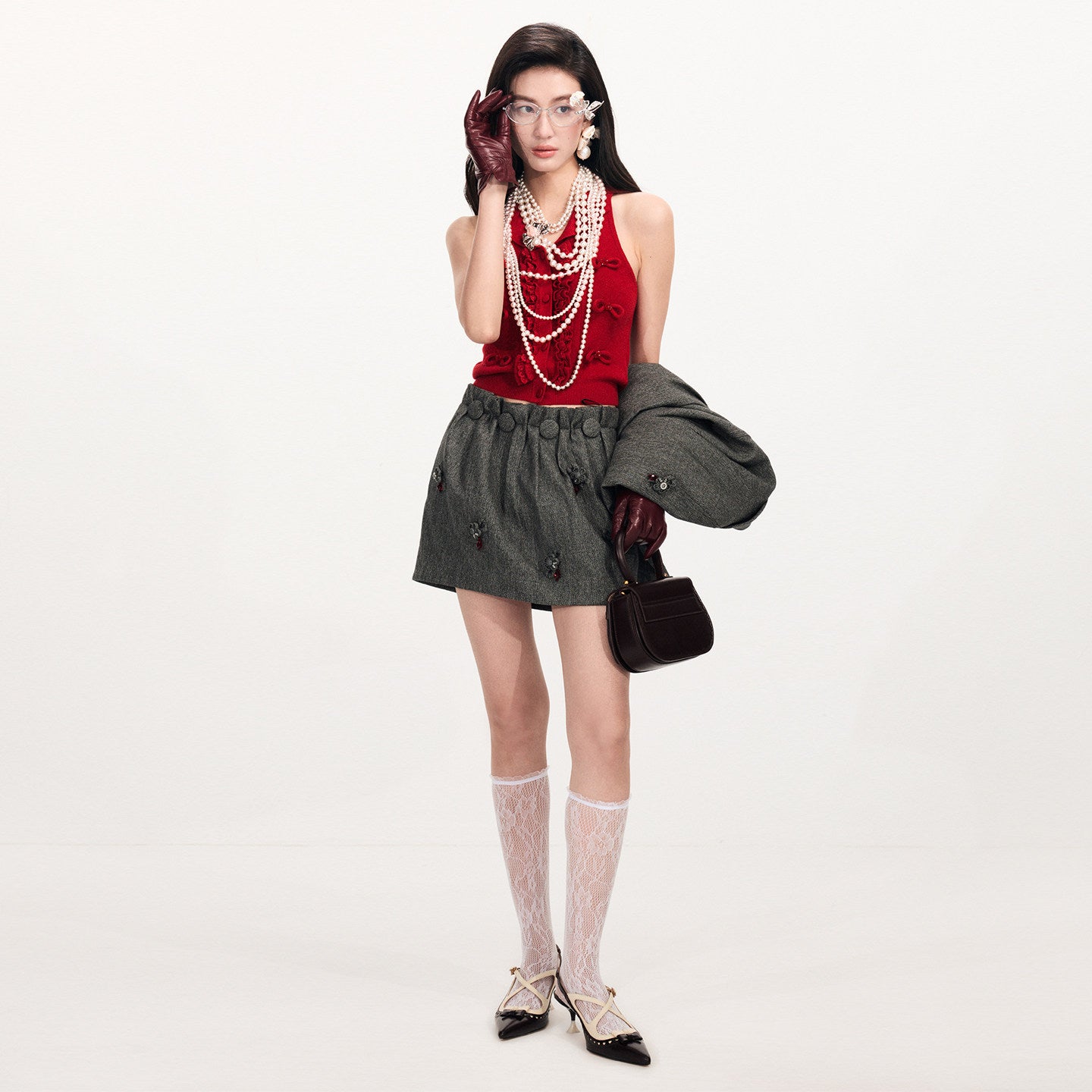 FAME Red sleeveless bow beaded knitted vest - ANASTASIA.