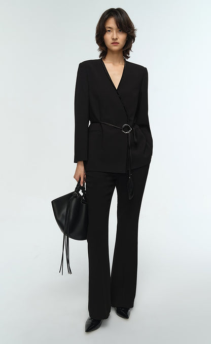 COMME MOI Lu Yan Designer New Women's Acetate V-Neck Waist Rope Slim Suit - BAKA.