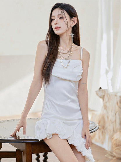 DOLLY Luxury White French Style Stain Sleeveless Irregular Hem Cocktail Dress-Lui