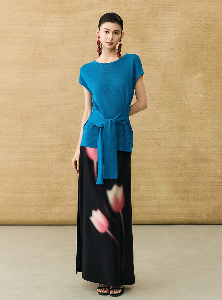 HECO Chinese Slimming Waist Linen Knit Breathable Crew Neck T-Shirt - INDIGO.