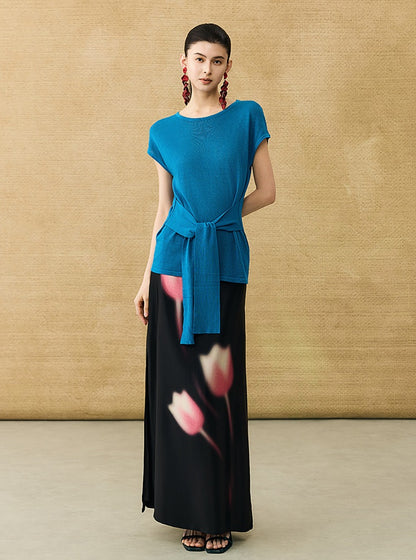 HECO Chinese Slimming Waist Linen Knit Breathable Crew Neck T-Shirt - INDIGO.