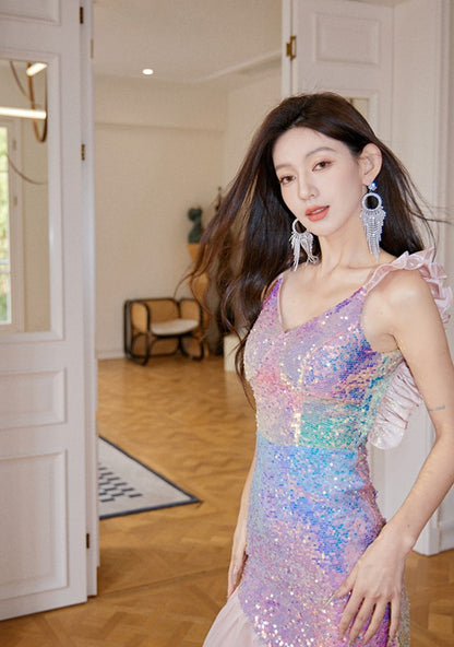 DOLLY Luxury Gradient Deep V-Neck Sleeveless Sequin Long Backless Party Dress-IVETTE