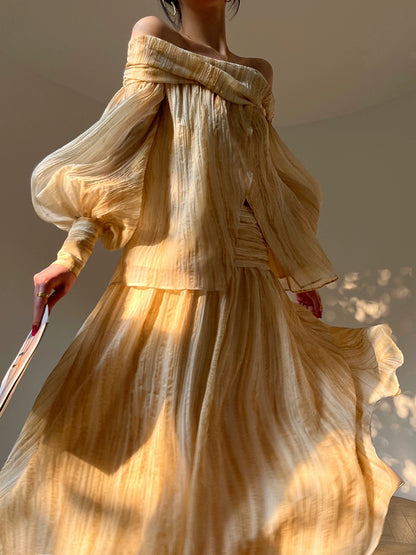 Aconiconi Elegant Wave Pattern Long Sleeve Loose Wedding Guest Dress- Dune