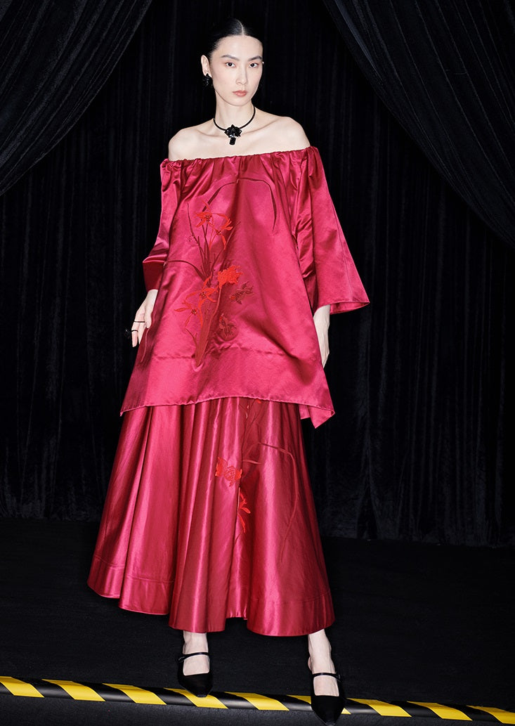 M essential Mackay designer red goldfish bead off shoulder top pleated skirt set- plum.