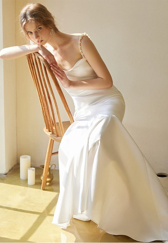 GOUDIN White Satin Engagement Evening Dress-IILONA.