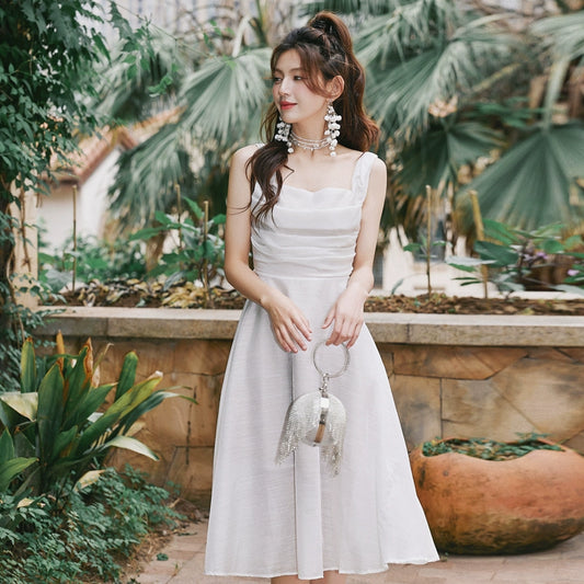 DOLLY Luxury White Retro Style Sleeveless Pleated Midi Suspender Dinner Dress-EUDORA