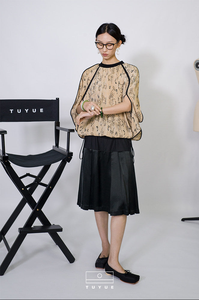 TUYUE Paint Moon Ink Acetate Stitched Pleated Midi Skirt - NIMO.