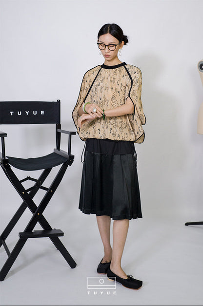 TUYUE Paint Moon Ink Acetate Stitched Pleated Midi Skirt - NIMO.