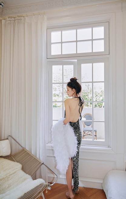 DOLLY Luxury Black Sleeveless Sequin Halter Neck Irregular Hem Sexy Cocktail Dress-ANASTASIA