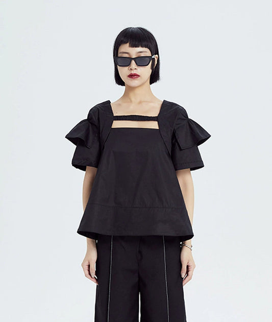 TINY IN double-sleeved vest two-piece women's two wear black Top-LIGHT