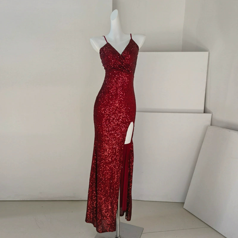 DOLLY Elegant Sleeveless V-Neck Sequin Slim Fit Slit Long Fishtail Cocktail Dress-ERIKA