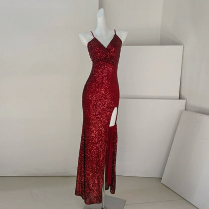 DOLLY Elegant Sleeveless V-Neck Sequin Slim Fit Slit Long Fishtail Cocktail Dress-ERIKA