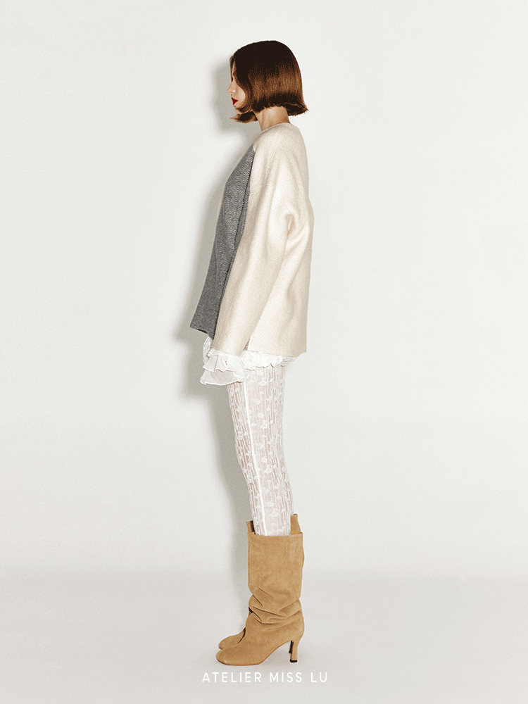 ATELIER MISS LU Love Geometric Fun Contrasting Sheep Wool Sweater - OBSESSED