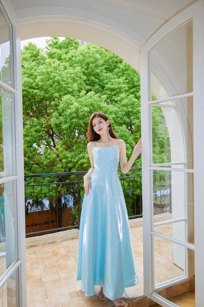 DOLLY High End Blue Off Shoulder Sleeveless Long Suspender Banquet Dress-AGATHA