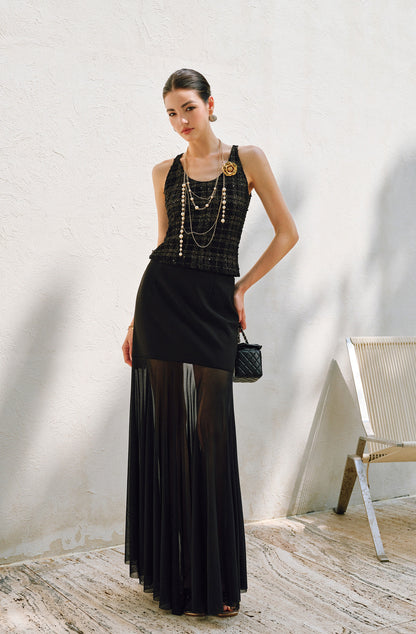 WANGXO | Twill Roman Knit with Lightweight Sheer Paneling  A-Line Hem Flowing Skirt  -RAYA
