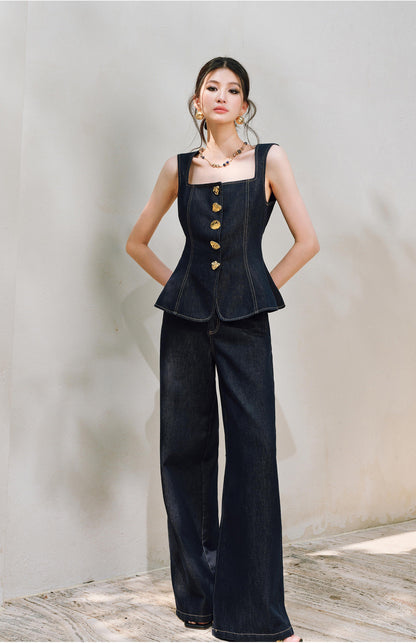 WANGXO | Light-Breathing Tencel Cotton Custom Metal Buckle Vest & Wide-Leg Pants Retro Denim Suit-YARA