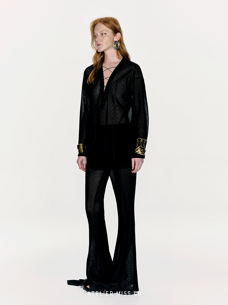 ATELIER MISS LU Flocking Design Sheer Cross-strap Top - KNEAD.