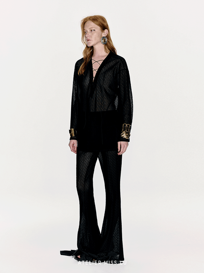 ATELIER MISS LU Flocking Design Sheer Cross-strap Top - KNEAD.