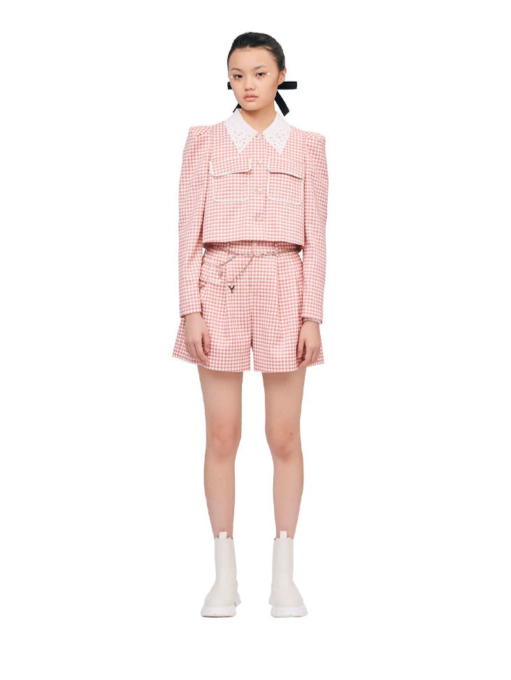 YES BY YESIR designer puff sleeve pink checkered grid short jacket - Aika