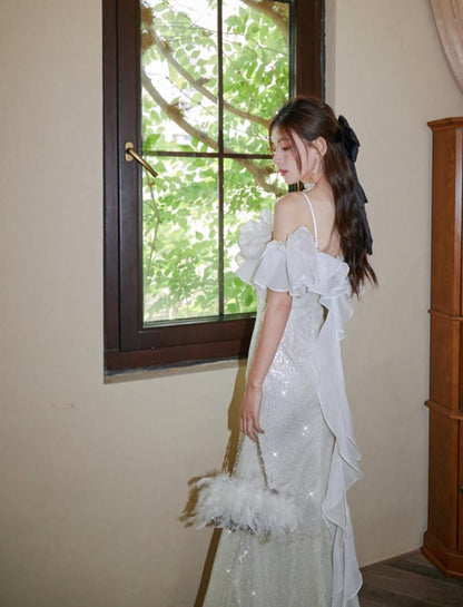 DOLLY Elegant White Off Shoulder Sequin Ruffled Tube Top Banquet Dress-ALICIA