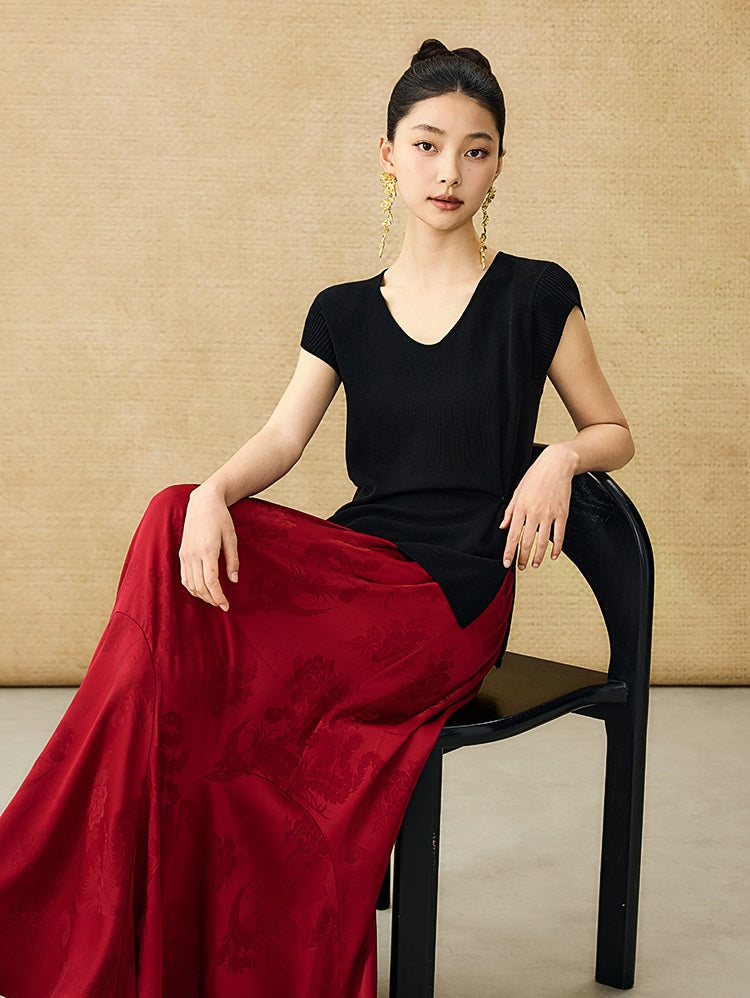 HECO Chinese Versatile Beveled Side Buckle V-Neck Knit Top - BREA.