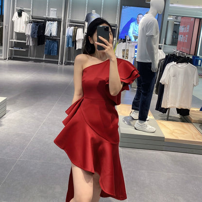 DOLLY Elegant Slant Collar Ruffle Sleeve Slim Fit Midi Irregular Skirt Party Dress-GANGA