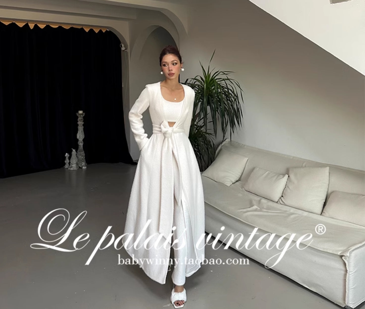 Le Palais Vintage Luxury White Fur Hand bag Plush Vest High Waist Wide-leg Pants Suit-Sonia