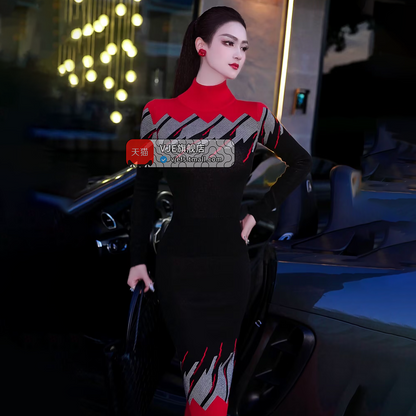 VJE  jacquard knitted suit skirt turtleneck top hip skirt two-piece set-DOE.