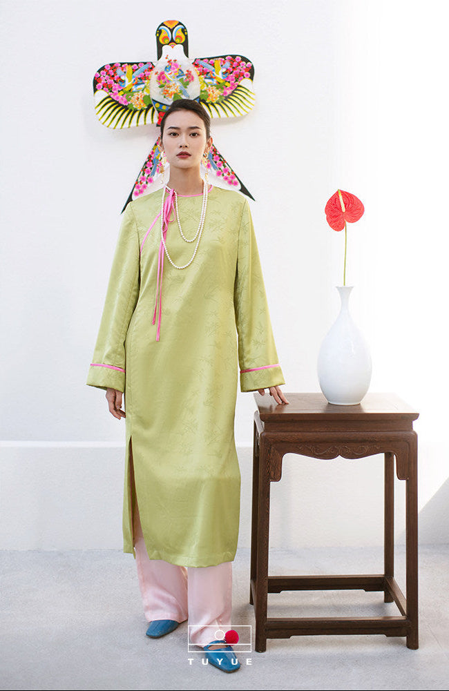 TUYUE Chinese style round neck satin woven side dress- IRIS