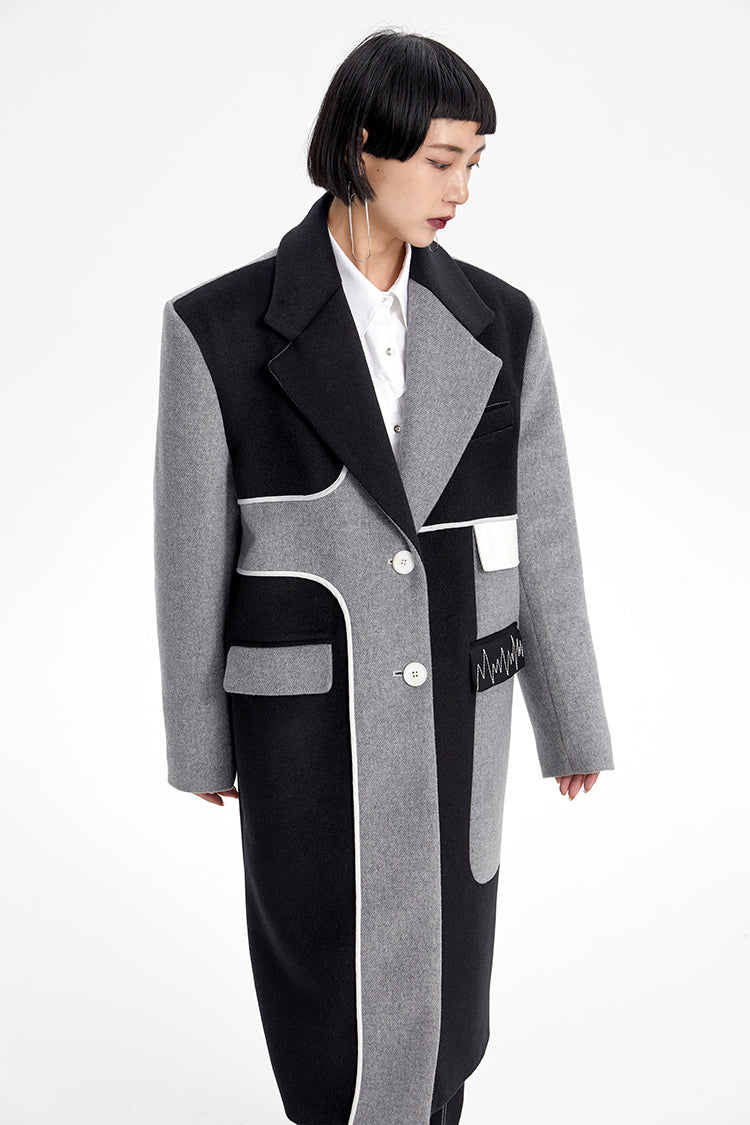 TINY IN Asymmetric black and gray wool women's coat- TRAIL