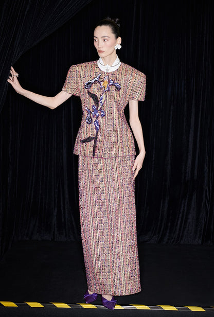 M essential Ma Kai designer kneaded gold coarse spinning iris stacked embroidery slim top - LIVING.