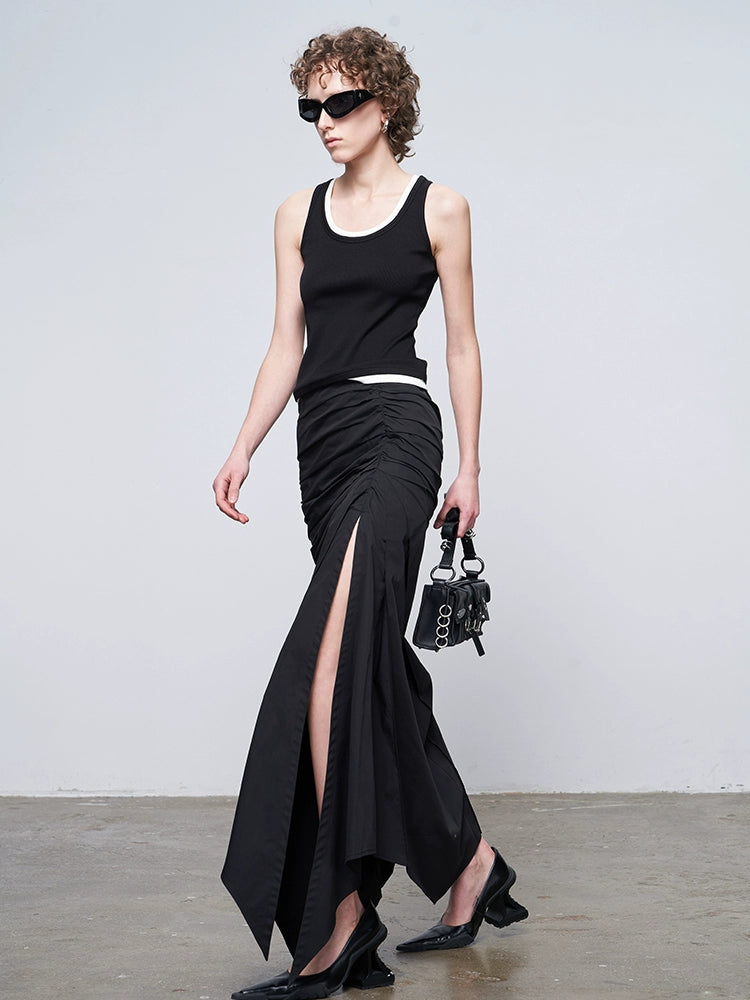 ANNAKIK Black deconstructed two irregular pleated long skirts-HIDEMI