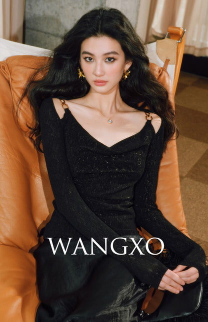 WANGXO | Xinghai Bright Silk Knit Swing Collar Metal Chain Top- LILA.